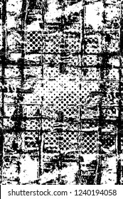 Grunge overlay layer. Abstract black and white vector background. Monochrome vintage surface with dirty pattern in cracks, spots, dots. Old wall in dark horror style design