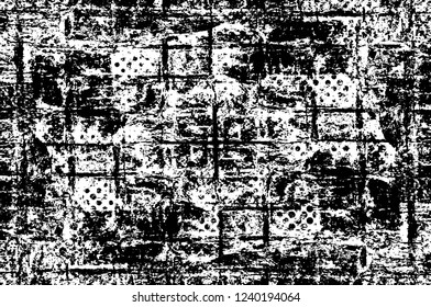 Grunge overlay layer. Abstract black and white vector background. Monochrome vintage surface with dirty pattern in cracks, spots, dots. Old wall in dark horror style design