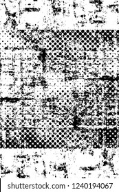 Grunge overlay layer. Abstract black and white vector background. Monochrome vintage surface with dirty pattern in cracks, spots, dots. Old wall in dark horror style design