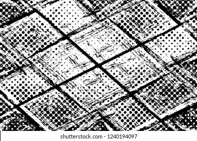 Grunge overlay layer. Abstract black and white vector background. Monochrome vintage surface with dirty pattern in cracks, spots, dots. Old wall in dark horror style design