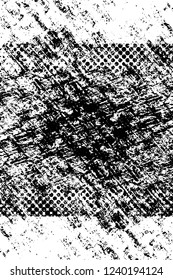 Grunge overlay layer. Abstract black and white vector background. Monochrome vintage surface with dirty pattern in cracks, spots, dots. Old wall in dark horror style design