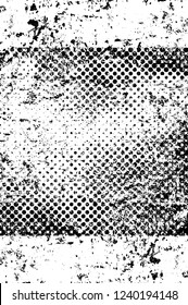 Grunge overlay layer. Abstract black and white vector background. Monochrome vintage surface with dirty pattern in cracks, spots, dots. Old wall in dark horror style design