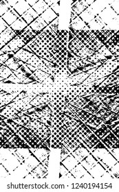 Grunge overlay layer. Abstract black and white vector background. Monochrome vintage surface with dirty pattern in cracks, spots, dots. Old wall in dark horror style design