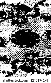 Grunge overlay layer. Abstract black and white vector background. Monochrome vintage surface with dirty pattern in cracks, spots, dots. Old wall in dark horror style design