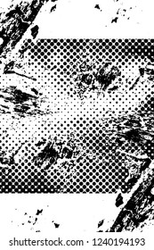 Grunge overlay layer. Abstract black and white vector background. Monochrome vintage surface with dirty pattern in cracks, spots, dots. Old wall in dark horror style design