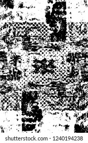 Grunge overlay layer. Abstract black and white vector background. Monochrome vintage surface with dirty pattern in cracks, spots, dots. Old wall in dark horror style design