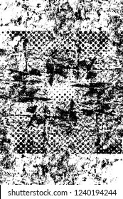 Grunge overlay layer. Abstract black and white vector background. Monochrome vintage surface with dirty pattern in cracks, spots, dots. Old wall in dark horror style design