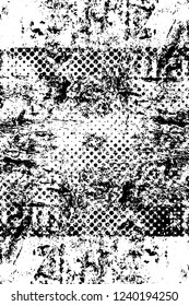 Grunge overlay layer. Abstract black and white vector background. Monochrome vintage surface with dirty pattern in cracks, spots, dots. Old wall in dark horror style design