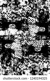 Grunge overlay layer. Abstract black and white vector background. Monochrome vintage surface with dirty pattern in cracks, spots, dots. Old wall in dark horror style design