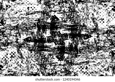 Grunge overlay layer. Abstract black and white vector background. Monochrome vintage surface with dirty pattern in cracks, spots, dots. Old wall in dark horror style design