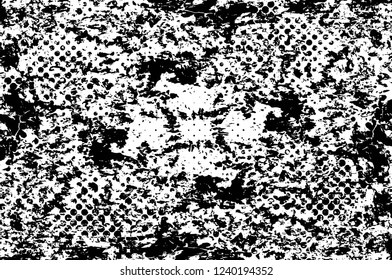 Grunge overlay layer. Abstract black and white vector background. Monochrome vintage surface with dirty pattern in cracks, spots, dots. Old wall in dark horror style design