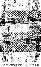 Grunge overlay layer. Abstract black and white vector background. Monochrome vintage surface with dirty pattern in cracks, spots, dots. Old wall in dark horror style design
