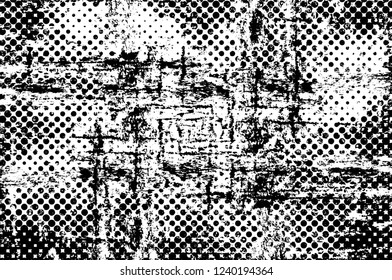 Grunge overlay layer. Abstract black and white vector background. Monochrome vintage surface with dirty pattern in cracks, spots, dots. Old wall in dark horror style design