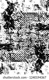 Grunge overlay layer. Abstract black and white vector background. Monochrome vintage surface with dirty pattern in cracks, spots, dots. Old wall in dark horror style design