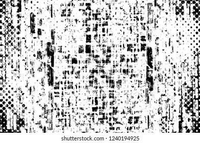 Grunge overlay layer. Abstract black and white vector background. Monochrome vintage surface with dirty pattern in cracks, spots, dots. Old wall in dark horror style design