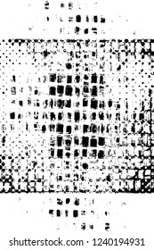 Grunge overlay layer. Abstract black and white vector background. Monochrome vintage surface with dirty pattern in cracks, spots, dots. Old wall in dark horror style design