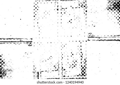 Grunge overlay layer. Abstract black and white vector background. Monochrome vintage surface with dirty pattern in cracks, spots, dots. Old wall in dark horror style design