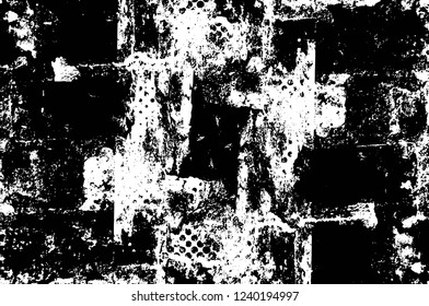 Grunge overlay layer. Abstract black and white vector background. Monochrome vintage surface with dirty pattern in cracks, spots, dots. Old wall in dark horror style design
