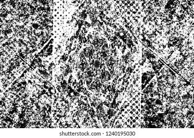 Grunge overlay layer. Abstract black and white vector background. Monochrome vintage surface with dirty pattern in cracks, spots, dots. Old wall in dark horror style design