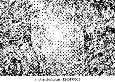 Grunge overlay layer. Abstract black and white vector background. Monochrome vintage surface with dirty pattern in cracks, spots, dots. Old wall in dark horror style design
