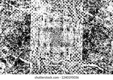 Grunge overlay layer. Abstract black and white vector background. Monochrome vintage surface with dirty pattern in cracks, spots, dots. Old wall in dark horror style design