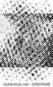 Grunge overlay layer. Abstract black and white vector background. Monochrome vintage surface with dirty pattern in cracks, spots, dots. Old wall in dark horror style design