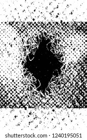 Grunge overlay layer. Abstract black and white vector background. Monochrome vintage surface with dirty pattern in cracks, spots, dots. Old wall in dark horror style design