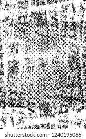 Grunge overlay layer. Abstract black and white vector background. Monochrome vintage surface with dirty pattern in cracks, spots, dots. Old wall in dark horror style design