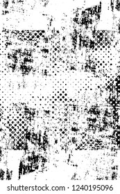 Grunge overlay layer. Abstract black and white vector background. Monochrome vintage surface with dirty pattern in cracks, spots, dots. Old wall in dark horror style design