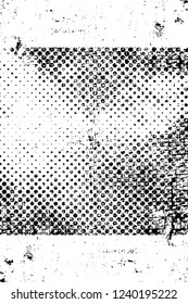 Grunge overlay layer. Abstract black and white vector background. Monochrome vintage surface with dirty pattern in cracks, spots, dots. Old wall in dark horror style design
