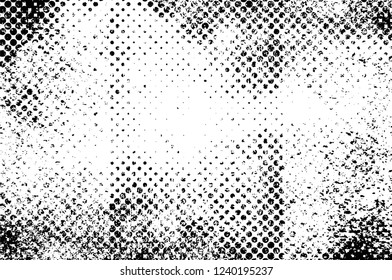 Grunge overlay layer. Abstract black and white vector background. Monochrome vintage surface with dirty pattern in cracks, spots, dots. Old wall in dark horror style design