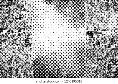 Grunge overlay layer. Abstract black and white vector background. Monochrome vintage surface with dirty pattern in cracks, spots, dots. Old wall in dark horror style design