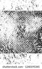 Grunge overlay layer. Abstract black and white vector background. Monochrome vintage surface with dirty pattern in cracks, spots, dots. Old wall in dark horror style design