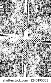 Grunge overlay layer. Abstract black and white vector background. Monochrome vintage surface with dirty pattern in cracks, spots, dots. Old wall in dark horror style design