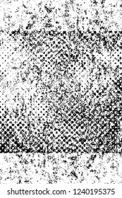 Grunge overlay layer. Abstract black and white vector background. Monochrome vintage surface with dirty pattern in cracks, spots, dots. Old wall in dark horror style design
