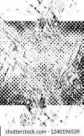 Grunge overlay layer. Abstract black and white vector background. Monochrome vintage surface with dirty pattern in cracks, spots, dots. Old wall in dark horror style design