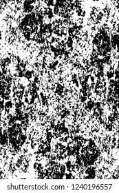 Grunge overlay layer. Abstract black and white vector background. Monochrome vintage surface with dirty pattern in cracks, spots, dots. Old wall in dark horror style design