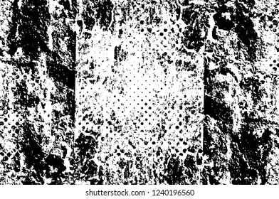 Grunge overlay layer. Abstract black and white vector background. Monochrome vintage surface with dirty pattern in cracks, spots, dots. Old wall in dark horror style design