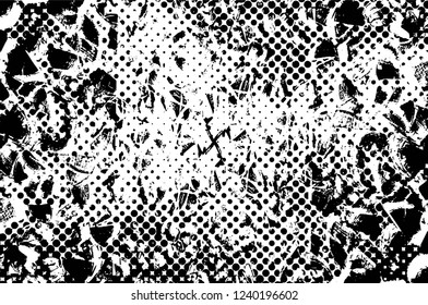 Grunge overlay layer. Abstract black and white vector background. Monochrome vintage surface with dirty pattern in cracks, spots, dots. Old wall in dark horror style design