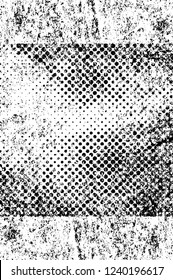 Grunge overlay layer. Abstract black and white vector background. Monochrome vintage surface with dirty pattern in cracks, spots, dots. Old wall in dark horror style design