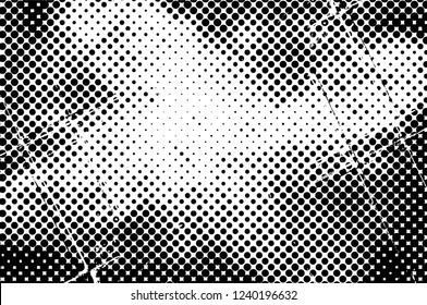 Grunge overlay layer. Abstract black and white vector background. Monochrome vintage surface with dirty pattern in cracks, spots, dots. Old wall in dark horror style design