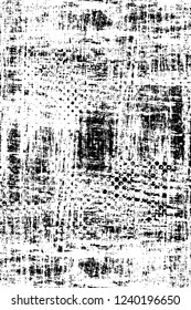 Grunge overlay layer. Abstract black and white vector background. Monochrome vintage surface with dirty pattern in cracks, spots, dots. Old wall in dark horror style design