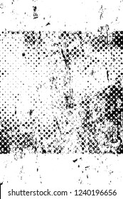 Grunge overlay layer. Abstract black and white vector background. Monochrome vintage surface with dirty pattern in cracks, spots, dots. Old wall in dark horror style design