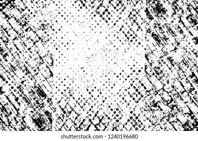 Grunge overlay layer. Abstract black and white vector background. Monochrome vintage surface with dirty pattern in cracks, spots, dots. Old wall in dark horror style design