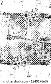 Grunge overlay layer. Abstract black and white vector background. Monochrome vintage surface with dirty pattern in cracks, spots, dots. Old wall in dark horror style design
