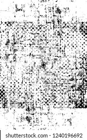 Grunge overlay layer. Abstract black and white vector background. Monochrome vintage surface with dirty pattern in cracks, spots, dots. Old wall in dark horror style design