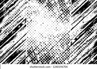 Grunge overlay layer. Abstract black and white vector background. Monochrome vintage surface with dirty pattern in cracks, spots, dots. Old wall in dark horror style design