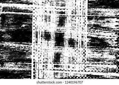 Grunge overlay layer. Abstract black and white vector background. Monochrome vintage surface with dirty pattern in cracks, spots, dots. Old wall in dark horror style design