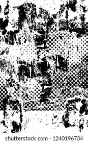 Grunge overlay layer. Abstract black and white vector background. Monochrome vintage surface with dirty pattern in cracks, spots, dots. Old wall in dark horror style design