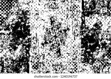 Grunge overlay layer. Abstract black and white vector background. Monochrome vintage surface with dirty pattern in cracks, spots, dots. Old wall in dark horror style design